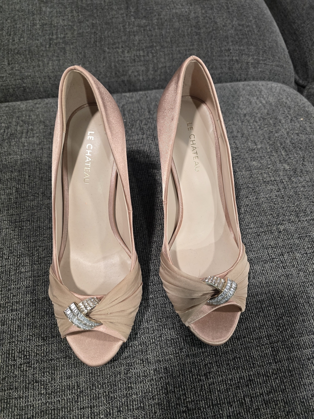 le chateau Blush Pink Satin Peep-Toe Heels with Crystal Accent